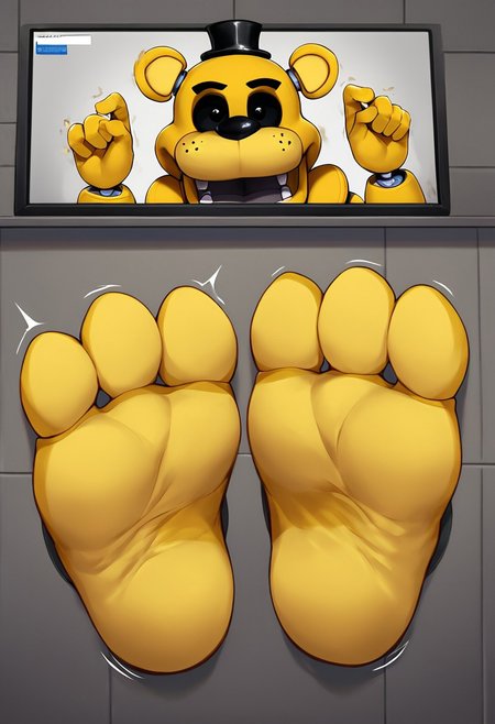 score_9,score_8_up,  <lora:OtherStyle_01:0.6>, 
furry cartoon Golden Freddy (Fnaf) paws through wall. paws through wall. ((Three big toes)), ((three toes)), soft soles, ((cute feet)), furry soles. toes curling. paws wiggling, paws shaking. 
((((face on monitor)))). (( Golden Freddy (Fnaf 1))) , nervous) ((big light yellow soles)) ((big yellow feet)).
((Golden Freddy's big feet are next to each other))
detailed, anime, masterpiece, dynamic lighting.