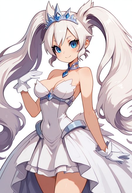 masterpiece, best quality, 1girl, solo, eyelashes, medium breasts, narrow waist,    zzIvoryPrincess, blue eyes, long hair, white hair, twintails,  tiara, white dress, white gloves, strapless dress,   <lora:IvoryPrincess_IXL:1.0>,, smile, looking at viewer, cowboy shot,  <lora:HaradaTakehitoIXL_v3:0.8>, <lora:ZankuroIXLLight_v2:0.3>,