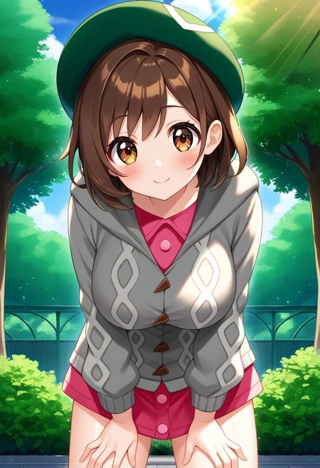 score_9, score_8, score_7_up, source_anime, (nsfw:1.0), BREAK, 
cute 1girl, shiny_skin, (large breasts), skinny body, brown_hair, brown_eyes, tareme, green_headwear, hooded_cardigan, pink_dress, 
angle:random, 
leaning forward, hands on thighs, 
outdoors, light particles, light rays, park, blue sky,