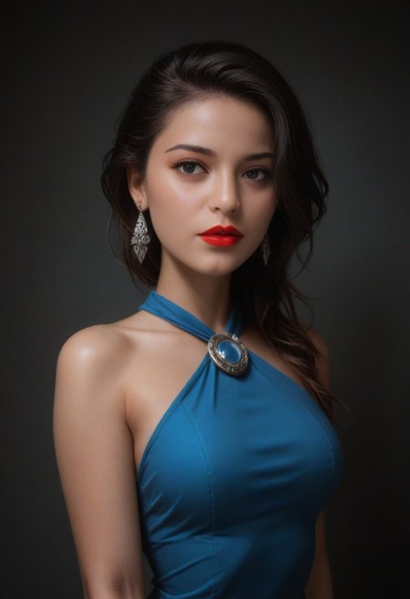 Indipro, masterpiece, best quality, highres, realistic, best quality,
score_9, score_8_up, score_7_up, 
Captivating, realistic photo shoot. 20 year old BettyXLP stands in front of a dark gray backdrop. She is dressed in a (blue saree with intricate silver embroidery) and a cream blouse. Her hair is long and cascades over her shoulders, framing her face. She's wearing a pair of silver earring on her left ear. Her left hand is draped over her right shoulder. Her right hand is resting on her hip. She has a red lipstick on her lips.expressiveh