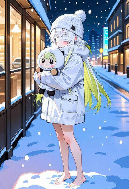 masterpiece, best quality, amazing quality, highres, high resolution, solo, score_9, score_8_up, score_7_up,  1girl, long hair, white hair, light green highlights, white bandages, bandages over eyes, long brilliant white fur jacket, barefoot, white beanie, standing, holding a doll, snowing city, nighttime,