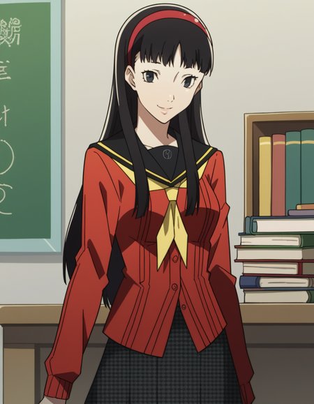 score_9, score_8_up, score_7_up, source_anime, <lora:yukiko-amagi-s1-ponyxl-lora-nochekaiser:1>, yukiko amagi, long hair, black hair, hairband, black eyes, medium breasts,, skirt, school uniform, pantyhose, serafuku, black pantyhose, shirt, white shirt, cardigan, red cardigan,, bookstore, browsing shelves, new book smell, finding a favorite, quiet atmosphere, smile, , smile, solo,, cowboy shot, dutch angle