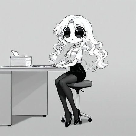 Xiaro, 1girl, solo, monochrome, big eyes, long wavy white hair, white short-sleeved office shirt, black skirt, black pantyhose, black heels
Xiaro sitting in an office while writing