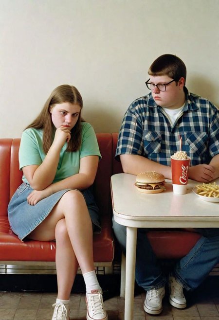 professional Film Still (extremely medium shot:1.36) of a {ridiculously chubby enormous teen Varvara Shcherbakova and (skinny boyfriend:1.25), sits next to the table, looks at hambueger, coke and fries on the table}, immensely emotional portrait by (Alec Soth:1.36), ((cinematic angle)), ((highly detailed)), best quality, (shot on leica m-a)
