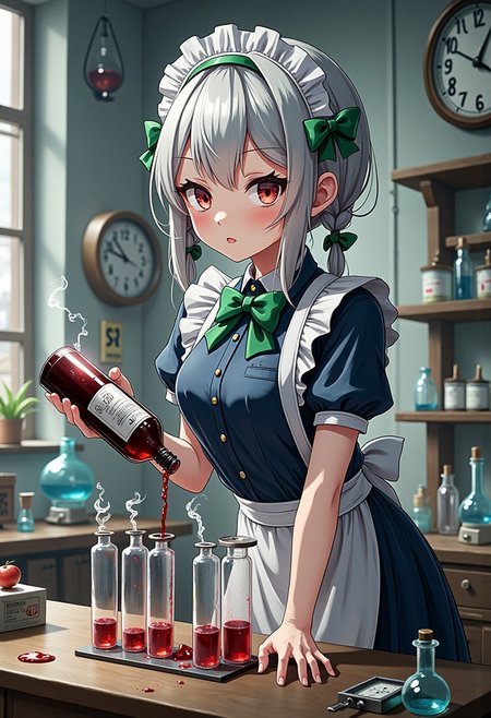 A masterpiece, ultrarealistic, natural colours of morning light, photorealistic scene, intricate interior of a laboratory, rich in detail, chemistry equipment in the background, a clock, flat chest, lean, small-breasted, tiny tits, bustless, unbuxom, nothing clingy, no make-up, without make-up,
flat chested scientist Izayoi Sakuya with intelligent concentrated face with no make-up squinting her eyes is leaning over table, holds a wine bottle and pours wine into a row of steaming test tubes lined on the table without paying any attention to the viewer, slender, short silver hair, twin braids, green bows, green bowtie, loose blue maid uniform, mid dress, maid headdress, detached collar, white apron, pocket watch, 
<lora:Hand v2:1.1> Detailed hand, Hand, Perfect hand, 
<lora:best_of_flux_v30_rank64_bf16-step01750:1> best_of,