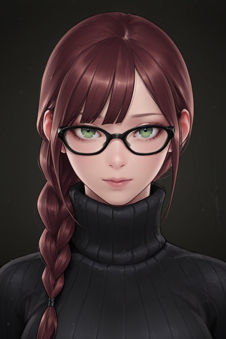 {{masterpiece,best quality,amazing quality,absurdres}}, 
BREAK
1girl, solo, portrait, upper body, looking at viewer, brown hair, green eyes, bangs, single braid, black glasses, large breasts, black sweater, turtleneck, ribbed sweater
 <lora:Jeehyung_Lee_Style:1>