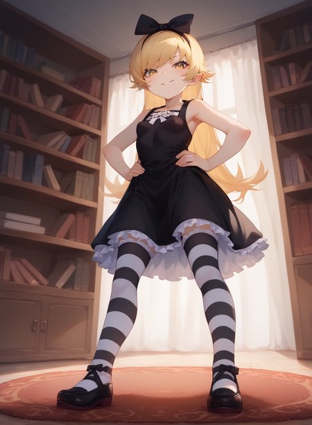 score_9, score_8_up, score_7_up, score_6_up, source_anime, official art, full body, from below, 
1girl, small breasts, flat chest, young, oshino shinobu, blonde hair, petite, long hair, yellow eyes, hair bow, hairband, gothic, black dress, sleeveless, striped thighhighs, smirk, 
rug, bookshelf, standing, hands on hips, 
<lora:char-shinobu-pony:1>, <lora:QAQ STYLE PONY V 0.1:1>,