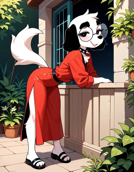 masterpiece, best quality, very aesthetic, absurdres,
outdoors,
posing, 
full body, seductive smile, parted lips, long eyelashes,
 <lora:Molly_v01_NAIXL:1>
Molly,1girl,solo,furry,furry female,dog girl,dof ears,short hair,black eyes,thick eyebrows,round eyewear,snout,animal nose,spiked collar,body fur,white fur,dog tail,