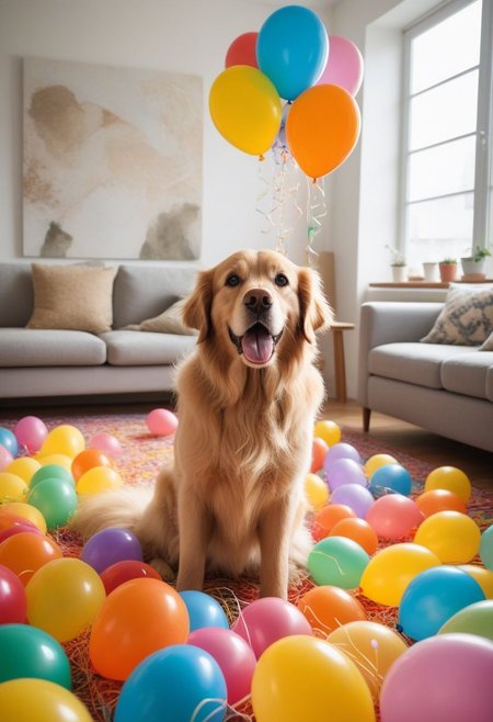Illustrate a lovable pet, perhaps a fluffy golden retriever, comically entangled in a mess of colorful balloons. The pet's expressive eyes reflect a mix of confusion and mischief as it tries to navigate its way through the tangled balloons, their vibrant hues contrasting against its soft fur. The balloons vary in size and shape, some floating in the air while others are scattered on the ground, creating a whimsical and light-hearted scene. The pet's tongue playfully sticks out as it attempts to free itself from the playful predicament, adding a touch of endearing charm to the humorous situation. The setting could be a cozy living room with sun streaming through the window, enhancing the jovial atmosphere of the scene.city.