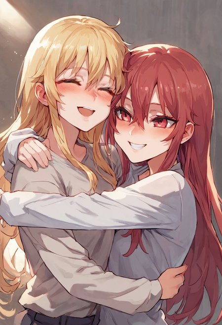 score_9, score_8_up, score_7_up, Asanagi Style, 2 girls, hug, long hair, blush, smile, shirt, long sleeves, Expressiveh