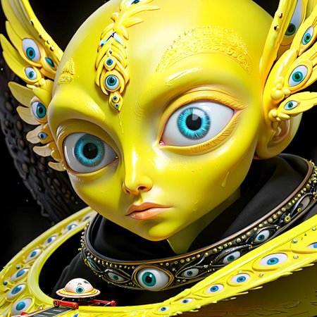 seraphins, mystical creature with hundreds of eyes and wings, roswell alien with yellow christmas hat, delivering presents with santa riding a ufo sleigh, intricate complexity, surreal horror, inverted neon yellow drip paint, photoreal