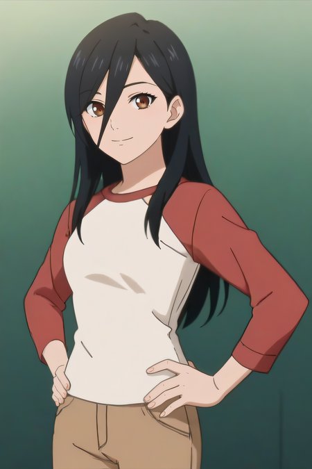 score_9, score_8_up, score_7_up, source_anime, rating_safe, intricate details, anime screencap, official style, 1girl, <lora:Minami_Maho:1>, minamimaho, black hair, hair between eyes, bangs over eye, brown eyes, long hair, raglan sleeves, shirt, brown pants, looking at viewer, smile, outdoor, cowboy shot, hands on hips, five fingers