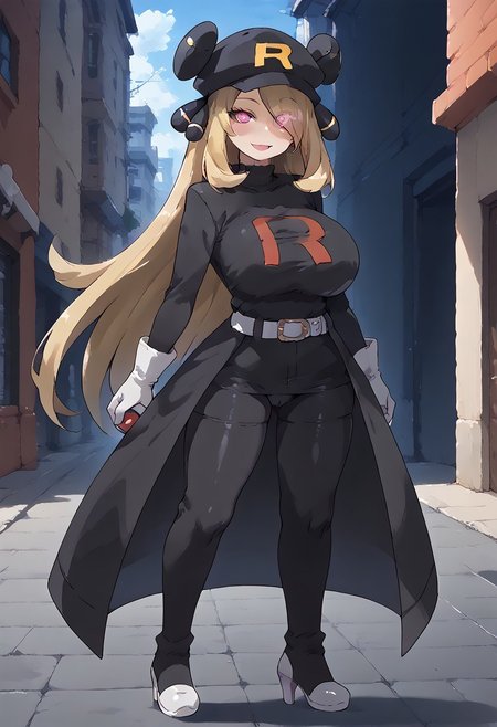 Score_9, Score_8_up, Score_7_up, Score_6_up, BREAK source_anime, 1girl, full body, high resolution, pokemon city background, hourglass figure, huge breasts, perky tits, blush, detailed face, submissive, swaying hips, happy, TMRckt, team rocket uniform, , black clothes, black coat, , black pants, black high heels, cameltoe, pink eyes, glowing eyes, holding a pokeball, pokeball in hand, pokeball, pleasure, looking at viewer, blissful smile, relaxed, elbow gloves, thigh highs, leather choker, [half-closed eyes], belt collar, belt, pokeball on belt, zzCynthia, solo, 1girl,  blonde, long hair,  dynamic pose, garchomp companion, 1 pokemon in the background, garchomp, pokemon (creature)