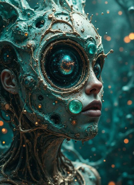masterpiece, hyper realism, a high-resolution photograph, golden ratio, dutch angle, dynamic, side view, surrealist, otherworldly, baroque, alien, organic, inorganic, Time-worn Teal