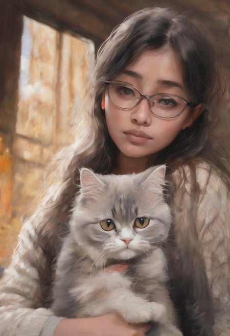 score_7,score_8,score_9, cute 20 year old woman holding her pet (golden himalayan persian cat with golden eyes:1.3), digital painting, pale skin,highly detailed face, blue grey eyes, black nerd glasses, light brown hair, medium length hair, chubby girl, depressed facial expression,wearing a cozy sweater, dark background,warm colors,remarkable color,ultra realistic,defiant facial expression