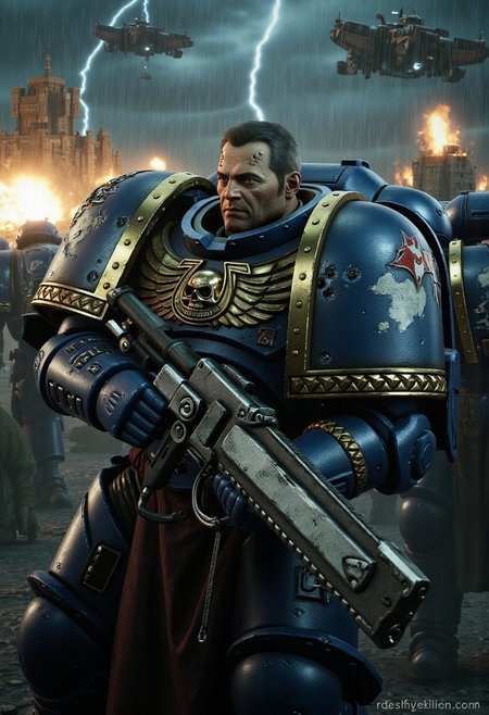 mature adult style, masterpiece, absurdes, action shot, war footage,
(tigurius, ultramarine:1.3)
sci-fi castles, partial destruction of castle, gothic architecture, 
holding chainsword, magic, thunder, explosion, dead bodies, death,
wearing detailed power armor, (robe, tubes:1.3), old, facial hair, glowing blue eyes,
(scifi scene, male focus:1.35), rain, thunderstorm, dark ambiance, burning buildings, burning aircraft, futuristic aircraft landing in the background,
<lyco:cosmetic - UnlimitedBladeWorks1.6:0.6> <lora:artstyle - LowRA:0.6><lora:ULTRAMARINES MK1 by CCARAXESS:0.98>