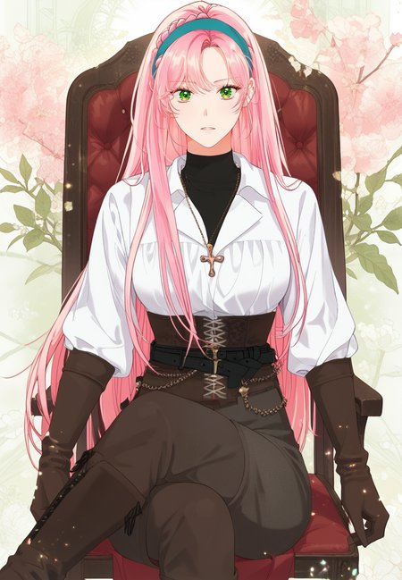 zPDXL3, score_9_up, score_8_up, score_7_up, (Anime_source),Masterpiece,(perfect female body:1.2), small waist,(incredibly detailed:1.4), slim, beautiful fingers, beautiful white skin, Beautiful clear skin, (big breasts:1.2) (thick thighs:1.2), parted lips, sitting on chair, looking at viewer,  big breasts,  (facing viewer:1.6), whole body, , <lora:Ailette_Rodeline_-_The_Perks_of_Being_an_S-Class_Heroine-PONY-Kaleid:1>ailette rodeline, long hair, pink hair, eyes green, 1girl, necklace, bangs, braid, hairband (large breasts:1.3) belt, brown pants, gloves, thigh boots, white shirt, crossed legs,
