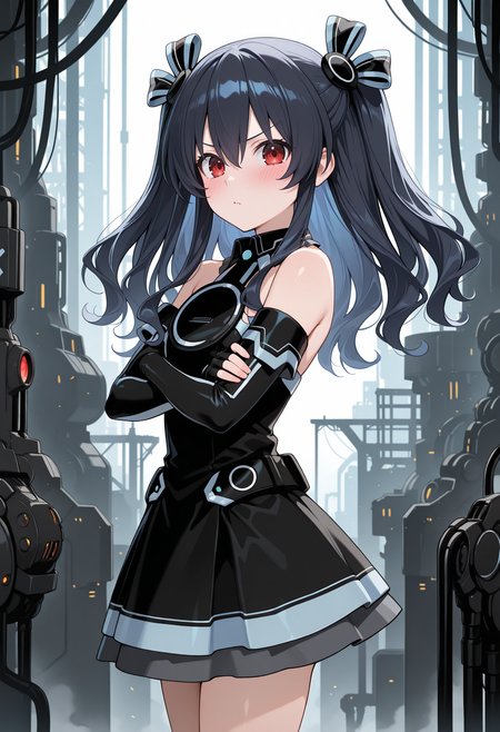highres, best quality, masterpiece, industrial, science fiction, 
1girl, solo, nptuni, black hair, long hair, red eyes, two-side up, hair between eyes, hair ornament,
1nidef, hair ribbon, black dress, sleeveless dress, black collar, bare shoulders, elbow gloves, fingerless gloves,
looking at viewer, blush, v-shaped eyebrows, 
standing, crossed arms, from side,
<lora:_uni_elesico-ilxlG:1>