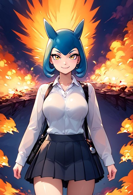score_9, score_8_up, score_8,   ,,, , ,,, zzTyphlosion, no humans, pokemon (creature), fire,  <lora:TyphlosionPokedex_PDXL:1.0>,  ,,,   , BREAK, closed mouth, alternate costume, smile, looking at viewer, collared shirt, blush, sweater, black skirt, eyelashes, long sleeves, sleeves past wrists, plaid skirt, shoulder bag, black bag, blurry, tile floor, pleated skirt, white shirt, cowboy shot, ,,, embedding:zPDXL, Expressiveh, ,,, <lora:Vivid:0.7>, <lora:Uncensored_PonyXL_cpt_v02.09:0.4>, <lora:Expressive_H-000001:0.4>,