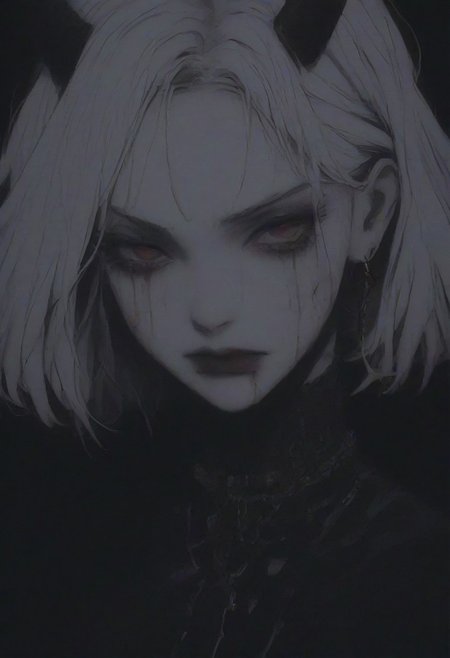 score_9, score_8_up, score_7_up, flat color, blood dripping from mouth, demon girl, demon horns, gthan, gothic, jewelry, red eyes, solo, blood, earrings, cross, 1girl, black background, looking at viewer, portrait, short hair, necklace, blood on face, cross necklace, simple background, spot color, closed mouth, white hair, cross earrings