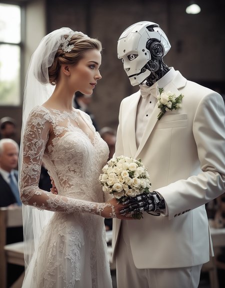 depict a robot and a human getting married. ultra-realistic.