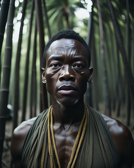 Masterpiece, best quality, photography, film still, Split lighting portrait of a tribe chief in the bamboo, close up, volumetric lighting, dark atmosphere