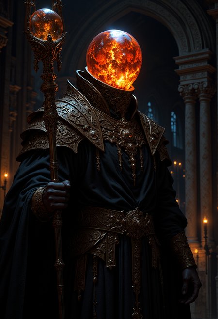 Highly detailed and dramatic digital artwork featuring a mysterious figure with an orb-like head. The style is dark and mystical, with a focus on intricate details and a moody atmosphere. The subject is a humanoid character wearing a dark, ornate robe with a high collar and intricate patterns. The head is a glowing, translucent orb with fiery orange and red hues, resembling a burning sun or molten lava. The figure holds a staff topped with a similar glowing orb, adding to the mystical theme. The background is dimly lit, with hints of gothic architecture and faint candlelight, enhancing the enigmatic and otherworldly ambiance. The overall composition is centered, with the figure dominating the frame, creating a sense of power and mystery. <lora:FluxMythP0rtr4itStyle:0.6> <lora:flux.1_lora_flyway_Epic-Characters_v1:0.6> <lora:Elden_Ring_-_Yoshitaka_Amano:0.33>