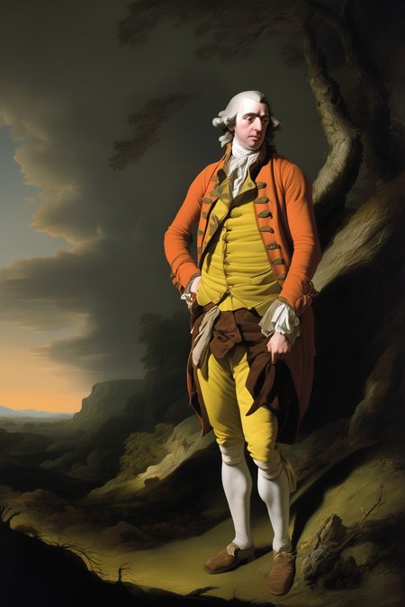 Joseph Wright Of Derby Style - An exhausted Gulliver in the 18th-century clothing advances into a desolate landscape, a satirical take on the Romanticism style. The absence of civilization emphasizes the inherent absurdity and loneliness of his condition. satire