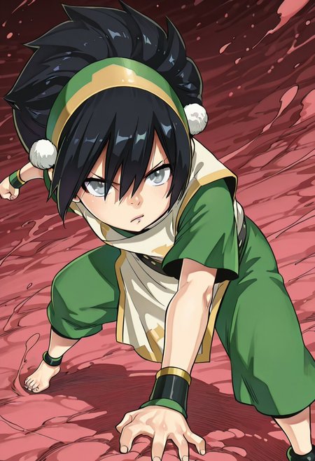 illutoph, black hair, hair between eyes, blind, grey eyes,  hairband, wristband, tunic, capri pants, barefoot, ankleband, breasts, (extremely detailed CG), (best quality) (Hiro_Mashima), (masterpiece, best quality, absurdres, detailed,perfect quality, amazing quality, newest, ultra-detailed:1.2), extremely detailed, distortion-free, illustration, (Black lines, thick strokes, detailed strokes,smooth lines,), looking at viewer, detailed clothing, shinny HAIR, detailed skin, detailed eyes, horny, curvy_hips, shinny skin, anime coloring, anime screencap, 1girl, solo, leaning forward with her body slightly angled, suggesting a powerful, aggressive stance ready to strike. Both fists are clenched, suggesting imminent attack. Her legs are positioned in a slightly low, yet balanced stance with straight back, providing a strong base for her upper body movement.