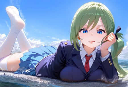 Safe_pos, score_9, score_8_up, score_7_up, detailed face, best quality, 1girl, solo, masterpiece, detailed background, beautiful, detailed eyes, mature female, giantess, macro
side view, lien,
Blue eyes, bangs, sidelocks, side ponytail, green hair, medium breasts,
blue skirt, blue jacket, school uniform, red tie, blazer, white legwear,
laying on stomach, breast squish, shadowed face, open mouth, licking lips, tongue, growing
long river, skyline, cityscape, destroyed cityscape,  earthquake, fire, steam, fog, craters