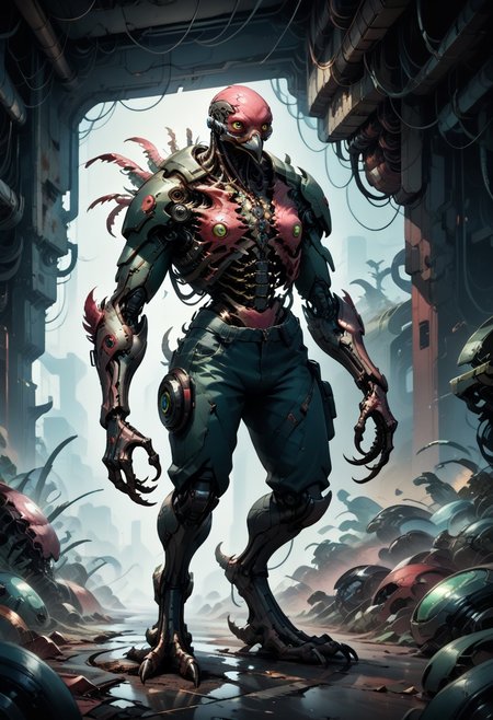 score_9, score_8_up, score_7_up, score_6_up, score_5_up, cyborg, cyberpunk, biomechanical, fleshmutant, cybermutant, anthro, full body, standing, digitigrade, bird, beak, talons, science fiction, mechanical parts, spine, mechanical, robot joints