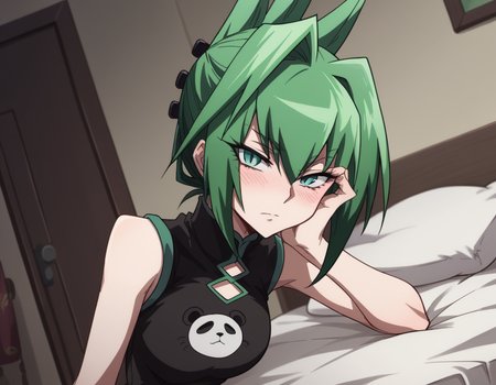 score_9, score_8_up, score_7_up, source_anime,
juntao, <lora:jun-tao-2021-s1-ponyxl-lora-nochekaiser:1>,
jun tao, green eyes, green hair, hair between eyes,
animal print, bear print, black dress, china dress, chinese clothes, dress, air, hip vent, panda print, side slit, sleeveless, sleeveless dress, thigh strap,
indoors, bed, bed room, on side, blush, drunk,
looking at viewer, cowboy shot, solo, dutch angle