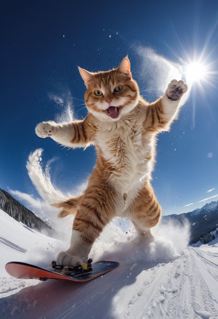 animal (cat:1.5) skiing, snowboard, snow explosion, action shot, nude, sunlight, wide angle, (tail:1.3) <lora:EnvyActionShotXL01:0.5> 8k, F2.8, RAW Photo, ultra detailed, real life  <lora:xl_more_art-full_v1:0.8>
