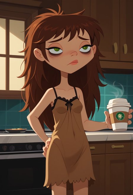 score_9, score_8_up, score_7_up, 1girl, solo,
 brown hair, green eyes, hair down, long hair, 
 perfect hands, show accurate, perfect anatomy, med body,
indoors, small perky breasts, kitchen, hand on hip, loose clothing, wear only lace nightgown, holding a cup of coffee in hand, sleepy eyes, bags under eyes, loose clothes,