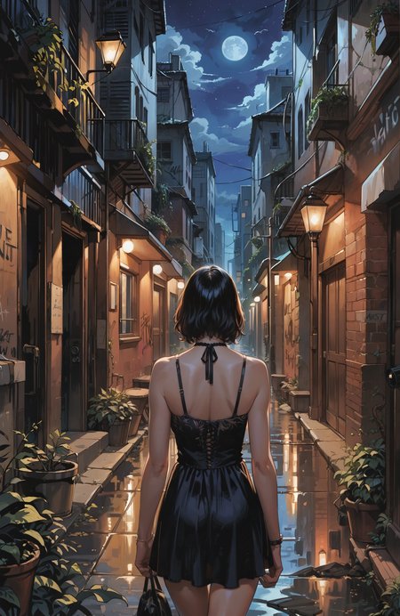 score_9_up, score_8_up, score_7_up, Casual, shiny skin,cell_shading, detailed, detailed background, detailed face, shiny skin, masterpiece, best quality, highly detailed, (realistic face:1.2), 
1girl, back alley environment, night environment, urban theme,(night, dark:1.4), dim light from a nearby streetlamp, leaning  back at a graffiti-covered wall, cool lighting, front view,
BREAK
graffiti of different colors and styles, vines climbing along the edges of the brick walls, faint city sounds in the background
BREAK
1girl, long hair, floating hair, jet black hair, casual cute style, pink bomber jacket, printed black tank top, confident emotion, gentle smile expression, upper body shot, one hand resting on her hip, wearing a delicate silver necklace
 (ultra realistic, 32k, masterpiece:1.2), (high detailed skin:1.1), (high quality:1.1) <lora:incase-ilff-v3-4:0.4>