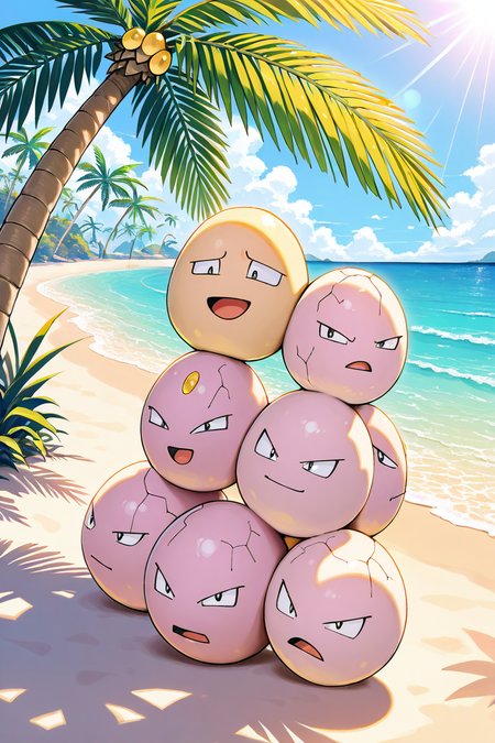 masterpiece, best quality,  zzExeggcute, no humans,   <lora:ExeggcutePokedexIXL:1.0>,  gathered on a sandy beach, tropical palm trees in the background, bright sunlight, cheerful expressions, vibrant colors, playful atmosphere, soft and detailed, whimsical and tropical