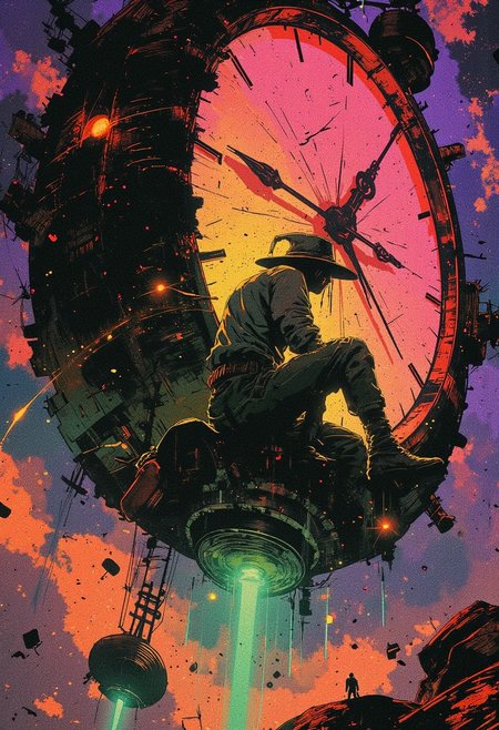drkfnts style, ne0nfant4sy, wrcrftcnmtc,  Dark fantasy psychedelic landscape with a giant, floating clock suspended in the void of space, its face cracked and glowing with shifting, surreal patterns of deep purples, electric blues, and neon greens. A lone man sits silently on the clock's massive hour hand,His head is tilted downward, a wide, worn hat obscuring his face, exuding mystery and detachment. Dressed in traditional Vietnamese farmer clothes, his presence contrasts sharply with the vibrant, otherworldly backdrop. A curved sword rests at his hip, glinting faintly in the surreal glow. The air is filled with swirling, chaotic light trails, and the shattered remnants of stars float aimlessly, creating a schizophrenic, dreamlike atmosphere of madness and beauty.
dark fantasy<lora:sxz-Dark-Fantasy-v2-Flux:1>,<lora:NeonFantasyFLUX:1>,