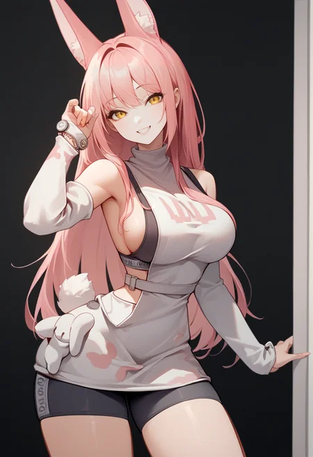 score_9, score_8_up, score_7_up, source_anime BREAK 1girl, solo, standing, wide hips, smile, <lora:leona-nikke-richy-v1_pdxl:0.9> leona, pink hair, long hair, animal ears, yellow eyes, white sweater, turtleneck, sweater dress, sports bra, detached sleeves, white belt, spandex shorts, sideboob, looking at viewer, black background, indoors, wide hips, long legs, narrow waist
