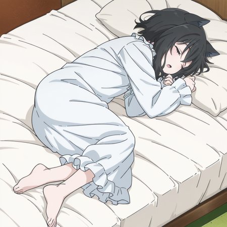 nsfw, masterpiece,best quality,amazing quality,1girl, solo, reincarnated_as_a_sword_fran, animal ears, black hair, barefoot, closed eyes, sleeping, cat ears, lying, on side, open mouth, pajamas, bed, dress, pillow, nightgown, short hair, white dress, long sleeves, on bed, <lora:Fran_-_Reincarnated_as_a_Sword:0.7>