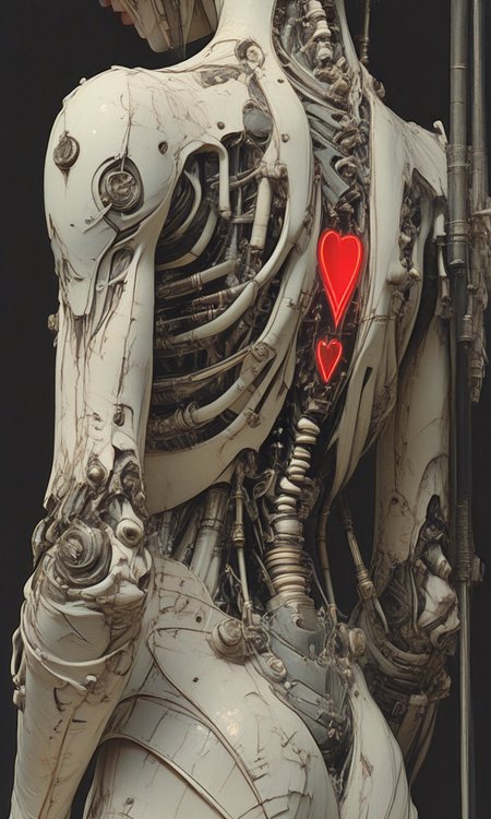 The image is a concept art piece that appears to be highly detailed and sharp. It showcases a humanoid figure made of intricate mechanical parts with a prominent heart visible in the center. The figure seems to be made of metal and wires with various tubes and components intertwined. The background is dark putting emphasis on the figure. The medium appears to resemble a digital painting or a highly detailed illustration rather than a photograph or traditional art forms. <lora:HyperdetailedIllustrationIll:0.8> <lora:HyperdetailedColoredPencilIl:0.8>  <lora:DelicateWhimsyIllustrious:0.8> <lora:- iLL - the_edgy_mech_V3.0:0.8>