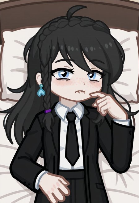 score_9, score_8_up, score_7_up, score_6_up, Neon light, lying in bed, GELUGDD, GELUGDDGacha, GELUGDD, GELUGDDGacha, Gacha, girl, black hair, long hair, braid, blue eyes, blue earrings, black tie, ((Tired)), ((Tired face))