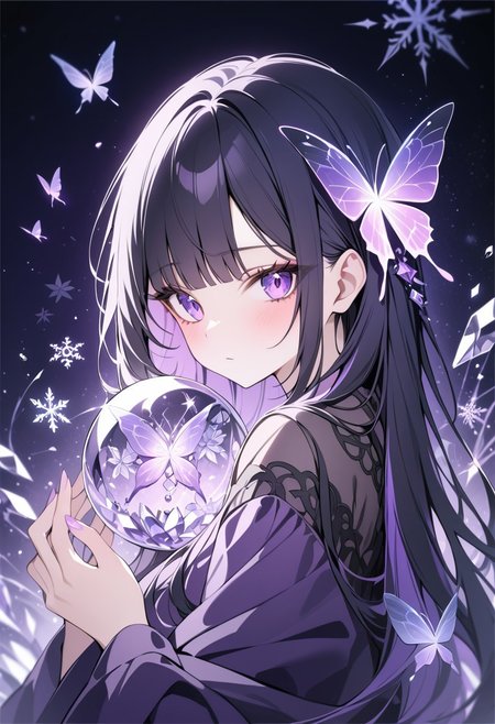 masterpiece, newest,absurdres,incredibly absurdres,1girl, solo, bug, butterfly, bangs, black hair, looking at viewer, long hair, blunt bangs, covered mouth, purple eyes, purple theme, eyelashes, flower, pink eyes, snowflakes, 
dark_theme,abstract background, made of crystals,
depth of field,white sphere on the background,usnr, (crystals everywhere)