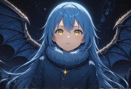 tsepmet_urumir_xl, rimuru tempest, wings, long hair, blue hair, solo, hair between eyes, fur trim, fur collar, fur trimmed jacket, looking at viewer, demon wings,
under a starry night sky, depth of field, dutch angle, from below,
intricate detail, cinematic lighting, amazing quality, amazing shading, detailed Illustration, official artwork, wallpaper, official art, thigh gap,
(masterpiece, best quality:1.2), extremely detailed eyes and face, beautiful detailed eyes, yellow eyes,
<lora:Rimuru_Tempest_Character_XL:1>
<lora:IOS_Iridescent_opal_style:0.6>