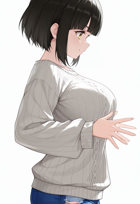 Smooth Quality,masterpiece,very intricate, high quality details, ultra realistic, high detailed skin,detailed enviorement,absurdres,
spread fingers,
 <lora:Tachibana_Mei_CNR:0.8> mei_cnr,  black hair, short hair, bob cut, blunt bangs, yellow eyes, large breasts,, forced smile,, simple background, white background, from side,solo,, oversized sweater, ,tunic,  ,ripped jeans, ,