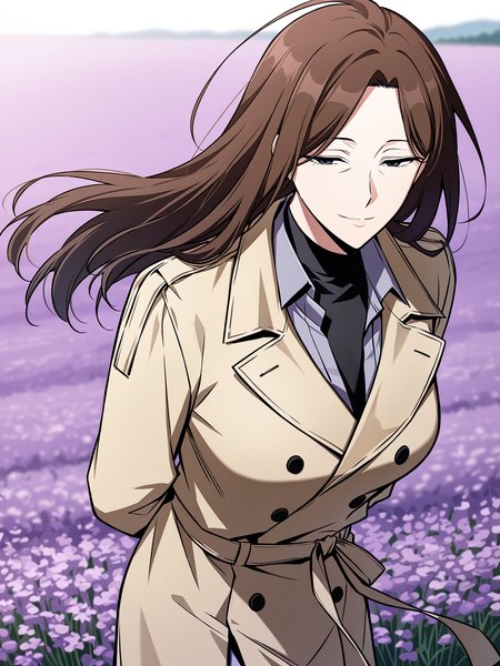 <lora:Omniscient_Readers_Viewpoint__Lee_Sookyun:1>
1 girl, solo, long hair, brown hair, straight hair, center parted hair, black eyes, mature female, 
beige trench coat, long coat, double breasted coat, tied waist belt, black undershirt, navy dress shirt, lavender pants, white slip-on shoes,
score_9, score_8_up, score_7_up, very aesthetic, source_anime, detailed, high quality, beautiful, masterpiece, detailed eyes, field, blurry background, pose dynamic angle, upper body, cowboy shot, light smile, floating hair, half-closed eyes, hands behind back, leaning forward, looking forward, looking at viewer