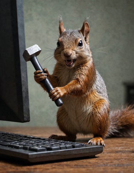 horror-themed a squirrel hitting a computer with a hammer . eerie, unsettling, dark, spooky, suspenseful, grim, highly detailed