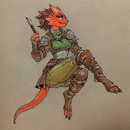 score_9, score_8_up, score_7_up, source_traditional, rating_explicit, traditional media, female kobold, kobold, solo, solo character, fully clothed, rogue, dnd, leather armor, pin-up, thief, jewelry