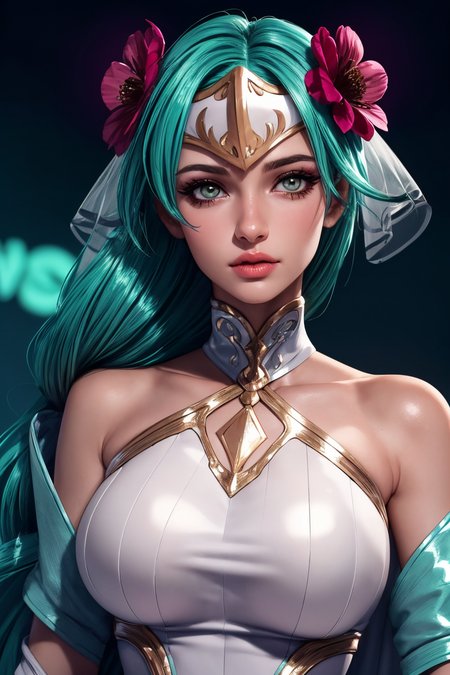 (ultra realistic,32k,RAW photo:1.1),(high detailed skin:1.1), 8k uhd, dslr, high quality, film grain, (makeup, mascara:1.1), lips,(thick\lips\), 
(shiny glossy translucent clothing:1.1), <lora:sigrunV1:0.7>wed_sigrun,  wed_sigrun, flower, veil, bride, white dress,hair flower, bridal veil, bare shoulders, strapless, detached collar, feather trim, <lora:add_detail:0.79>, 
Posing as if whispering a secret, 
 (busty:1.1) ,  (chubby:0.1),(soft shaded neon light:1.2),<lora:LowRA:0.4>, dark theme, sunrise, vibrant colors, horizon glow, tranquil