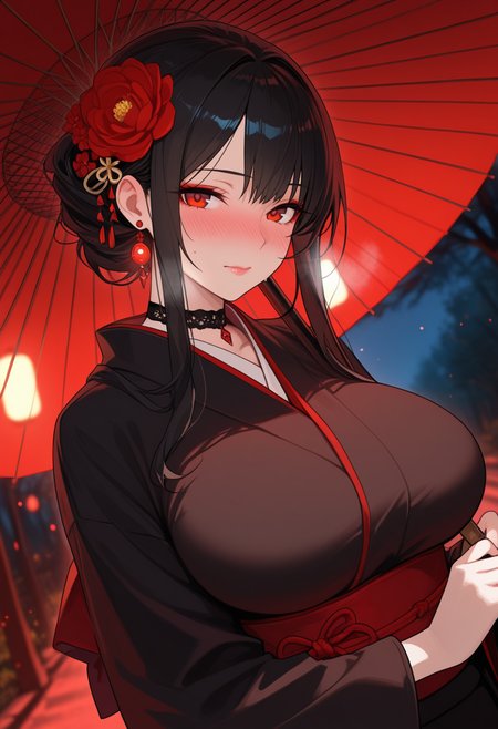 masterpiece, best quality, amazing quality, 
1girl, solo, long hair, looking at viewer, black hair, hair ornament, red eyes, holding, closed mouth, jewelry, upper body, flower, sidelocks, outdoors, earrings, japanese clothes, choker, day, hair flower, kimono, character focus, tree, sash, makeup, umbrella, red flower, nature, holding umbrella, black kimono, oil-paper umbrella, red umbrella, red theme, glowing
,dutch angle, dark background, (night:0.8), blurry background, glowing light particles, depth of field
,nose blush, sweat, steaming body, lips, large breasts,  mature female, <lora:AGM_style_IL_v0.1:1.0>