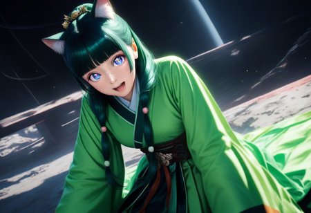 masterpiece, best quality, 8k, amazing quality, photorealistic, scinematic, Volumetric lighting, depth of field, wide angle, cinematic, realistic. 1girl, solo, <lora:Mao Mao:1> ma0ma0_default, green hair, long hair, blunt bangs, hair ornament, twintails, blue eyes, starry eyes, freckles, hair over shoulders, multi-tied hair, half updo, chinese clothes,green hanfu, wide sleeves, long sleeves, looking at viewer, cat ears, animal ear fluff, excited